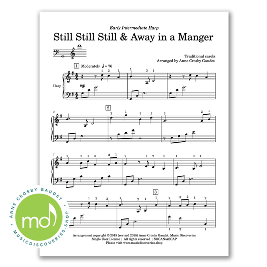 Still Still Still & Away in a Manger, early intermediate harp solo by Anne Crosby Gaudet