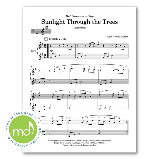 Sunlight Through the Trees, mid-intermediate harp sheet music by Anne Crosby Gaudet