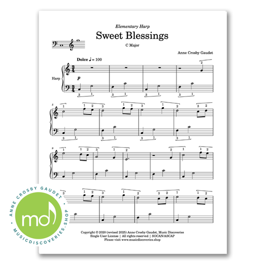 Sweet Blessings elementary sheet music for harp by Anne Crosby Gaudet