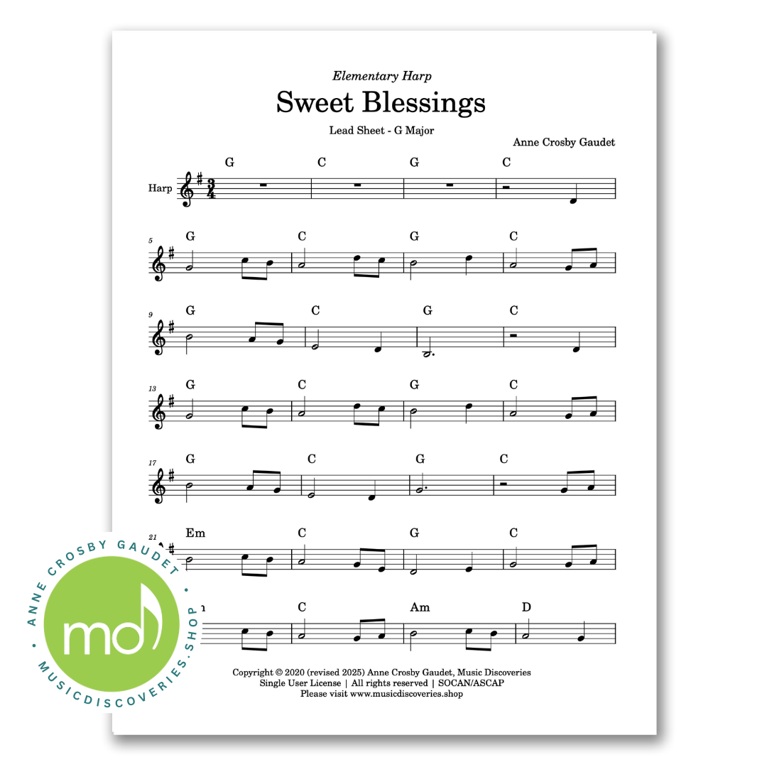 Sweet Blessings elementary sheet music for harp by Anne Crosby Gaudet