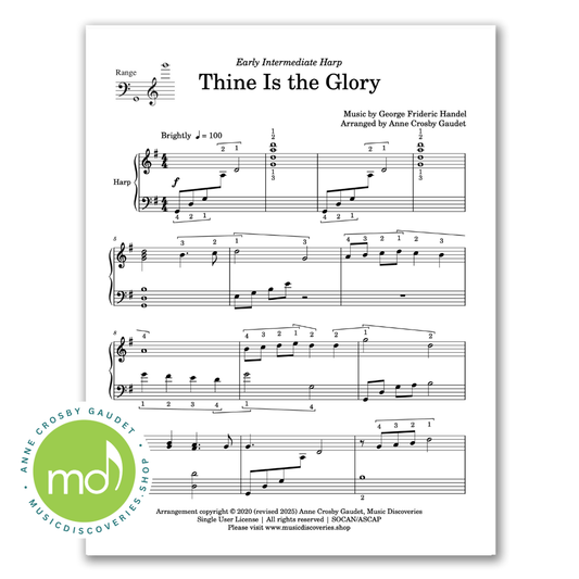 Thine is the Glory, Easter hymn early intermediate harp arrangement by Anne Crosby Gaudet
