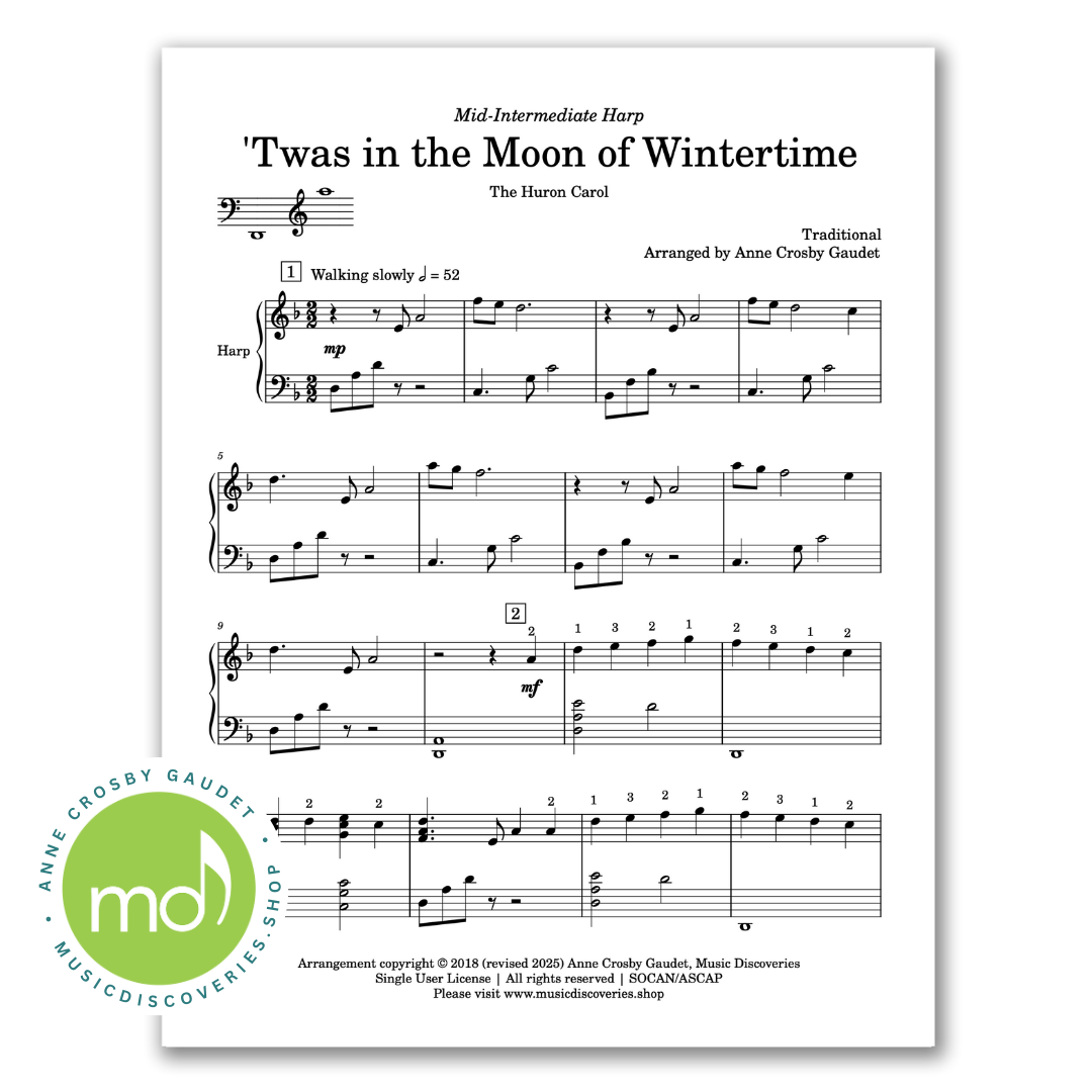 Twas in the Moon of Wintertime, harp sheet music arrangement by Anne Crosby Gaudet