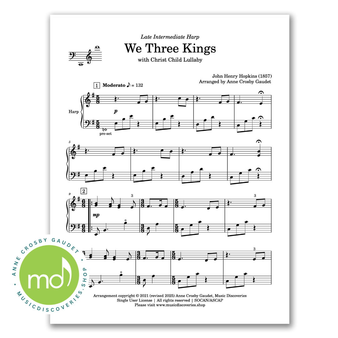 We Three Kings, late intermediate harp arrangement by Anne Crosby Gaudet