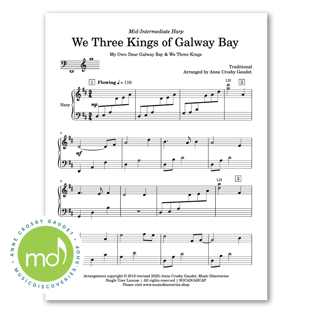 We Three Kings of Galway Bay, harp sheet music arrangement by Anne Crosby Gaudet