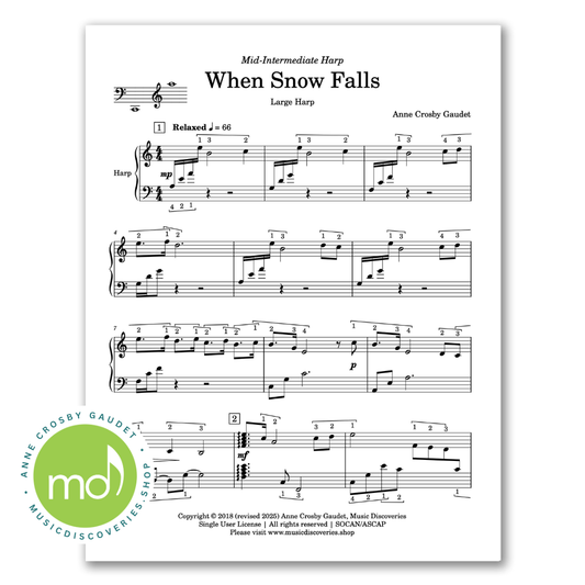 When Snow Falls, harp sheet music by Anne Crosby Gaudet. Includes a bonus arrangement for small harp.