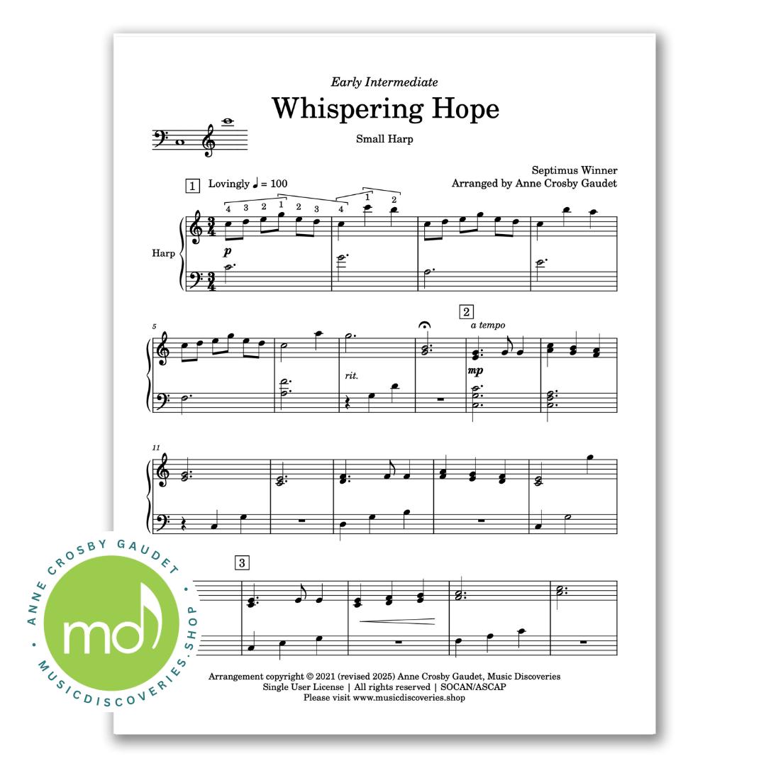 Whispering Hope, arranged for small harp by Anne Crosby Gaudet