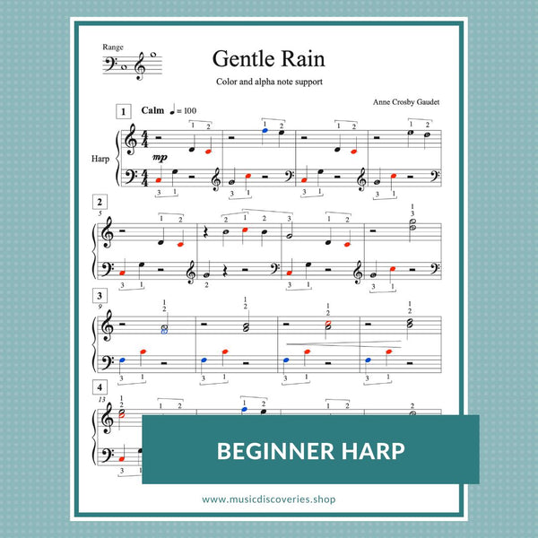 Gentle Rain, beginner harp sheet music by Anne Crosby Gaudet Music Discoveries