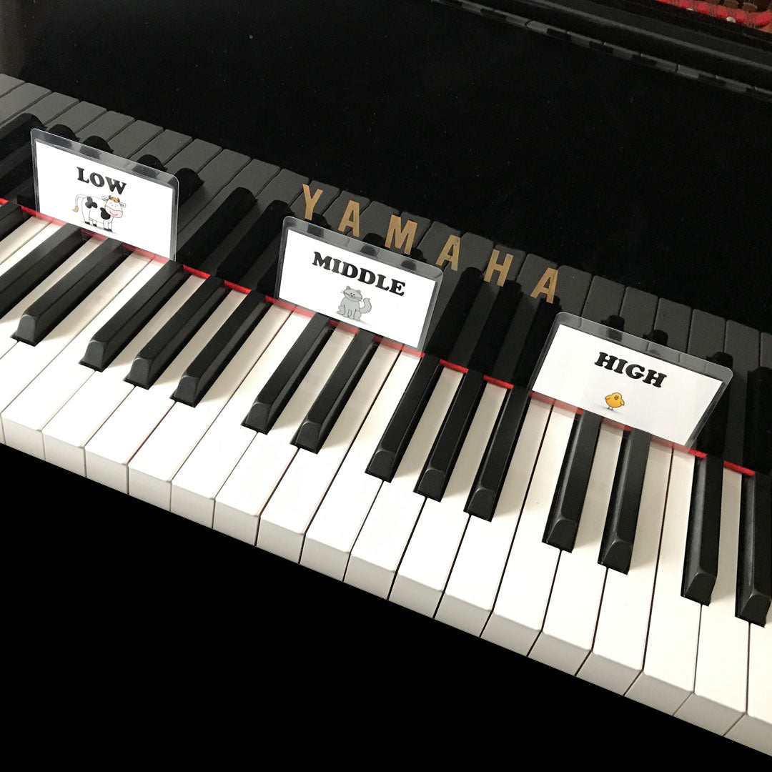 Help beginning students navigate the piano with the high, middle and low cards.