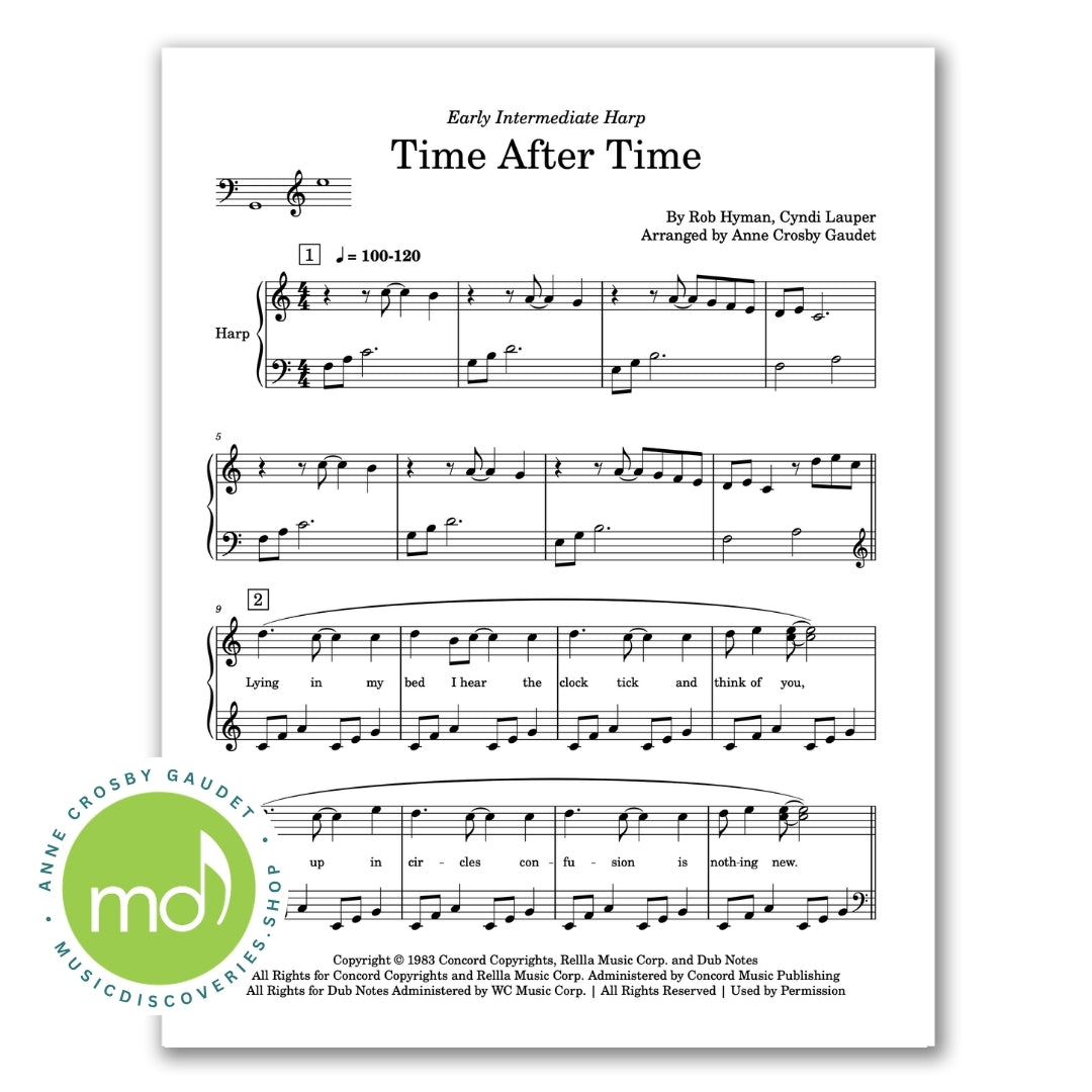 A sheet music page for the song 'Time After Time' in early intermediate harp notation, with staff lines, notes, and lyrics. The page is white with black printed notation and text.