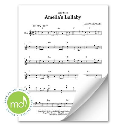 Sheet music for 'Amelia's Lullaby' with a corner curl effect on a white background.