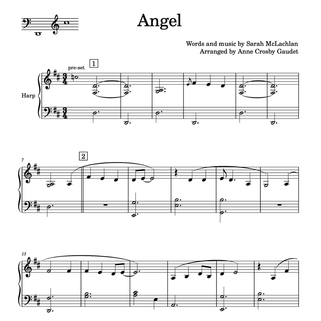 Angel by Sarah McLachlan, arranged for mid-intermediate harp by Anne Crosby Gaudet