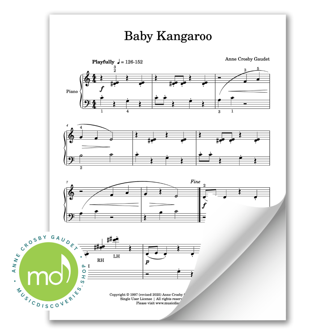 Sheet music for 'Baby Kangaroo' by Anne Crosby Gaudet with a visible logo in the corner.