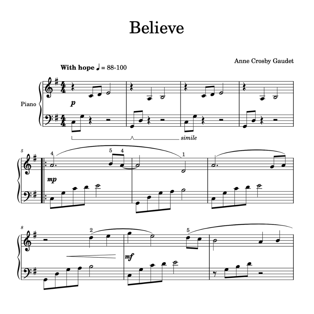 Believe, early intermediate piano solo by Anne Crosby Gaudet