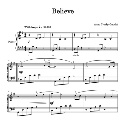 Believe, early intermediate piano solo by Anne Crosby Gaudet