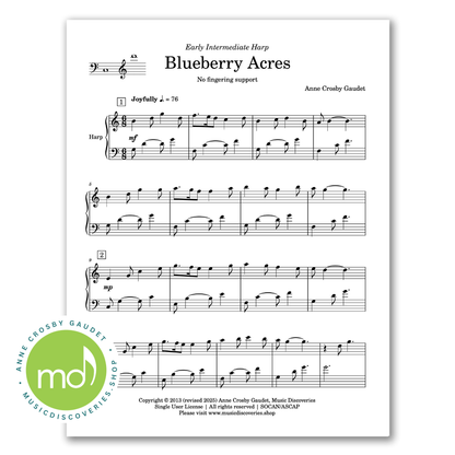 Blueberry Acres, harp sheet music without fingering support by Anne Crosby Gaudet