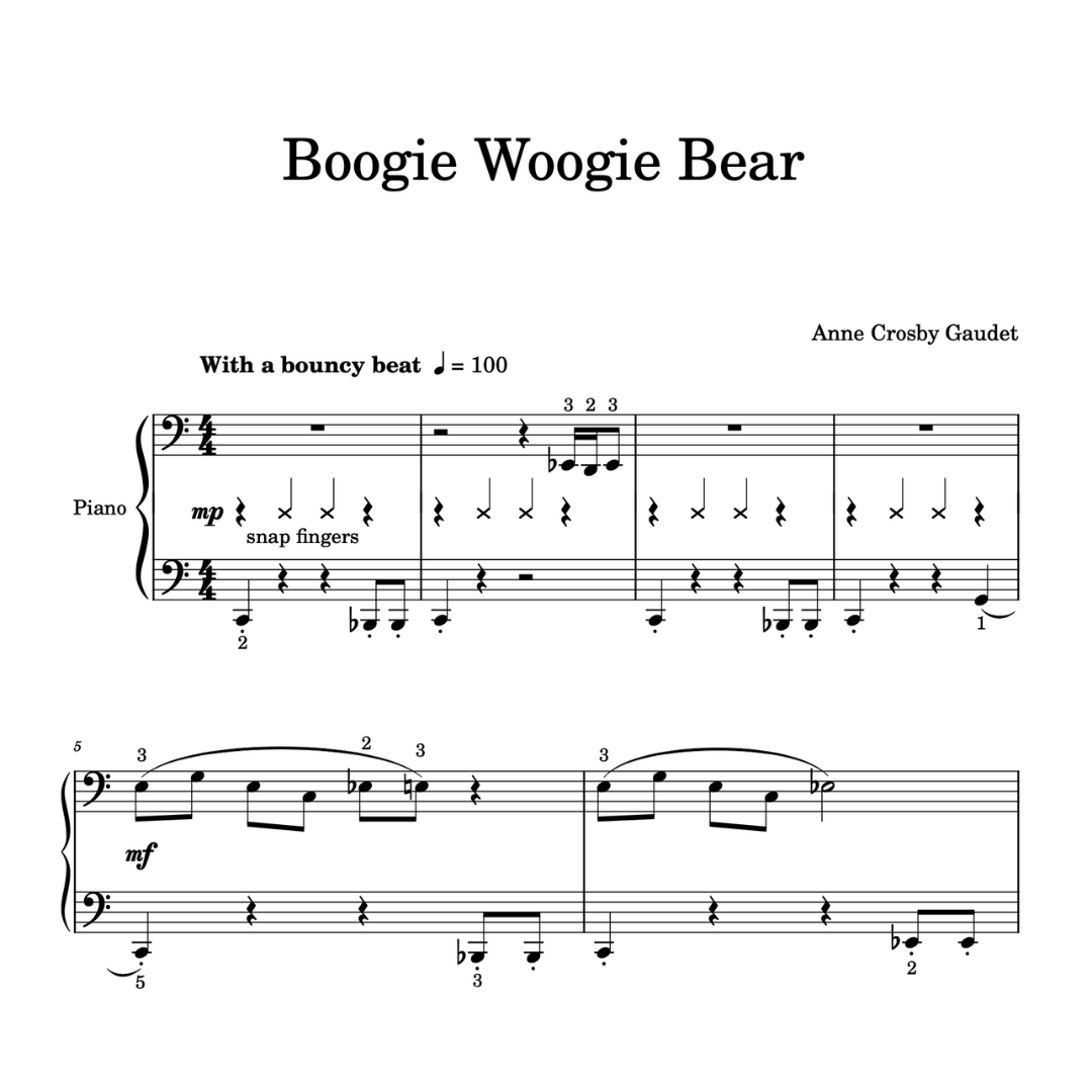 Boogie Woogie Bear, elementary piano sheet music by Anne Crosby Gaudet