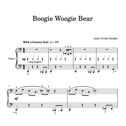 Boogie Woogie Bear, elementary piano sheet music by Anne Crosby Gaudet