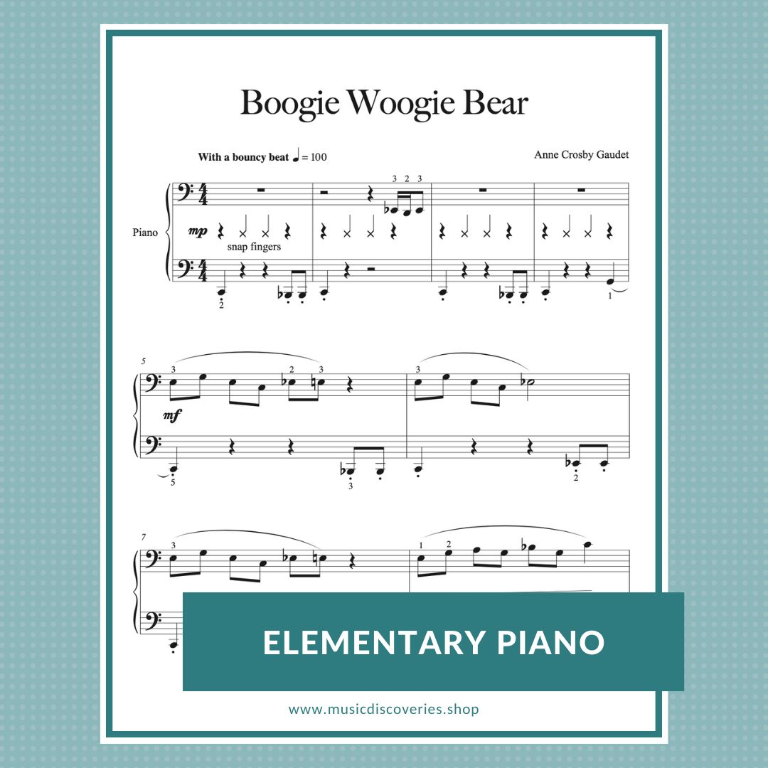 Boogie Woogie Bear, elementary piano sheet music by Anne Crosby Gaudet