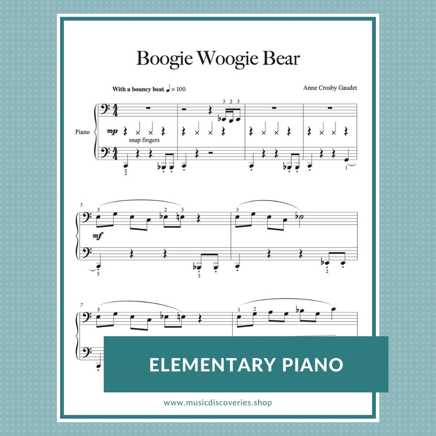 Boogie Woogie Bear, elementary piano sheet music by Anne Crosby Gaudet