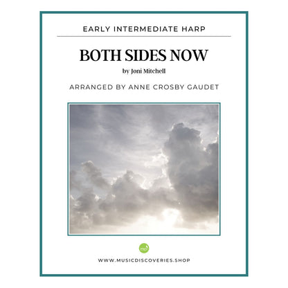 Sheet music cover for 'Both Sides Now' by Joni Mitchell, arranged by Anne Crosby Gaudet, for early intermediate harp. The cover features a white background with a thin teal border, black text, and a central square photograph of dramatic clouds with bright sunlight breaking through.