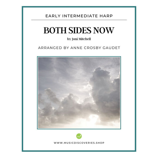 Sheet music cover for 'Both Sides Now' by Joni Mitchell, arranged by Anne Crosby Gaudet, for early intermediate harp. The cover features a white background with a thin teal border, black text, and a central square photograph of dramatic clouds with bright sunlight breaking through.