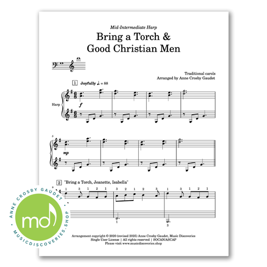 Bring a Torch, Jeanette, Isabella & Good Christian Men Rejoice, arranged for small harp by Anne Crosby Gaudet