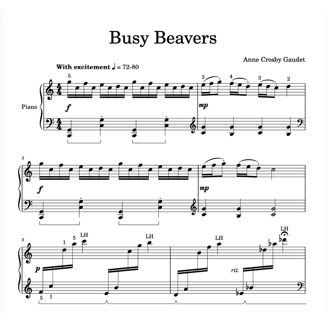 Busy Beavers, early intermediate piano sheet music by Anne Crosby Gaudet