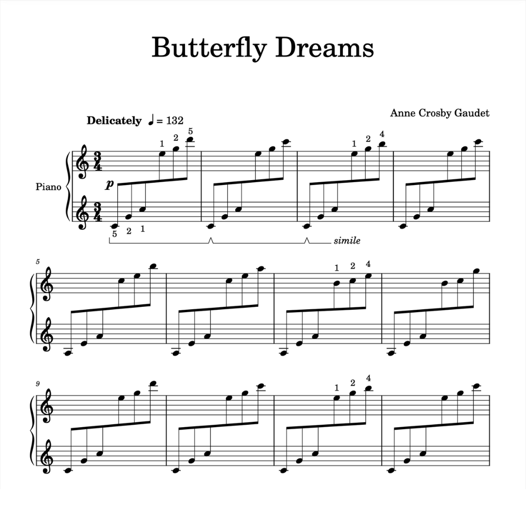 Butterfly Dreams, early intermediate piano solo by Anne Crosby Gaudet