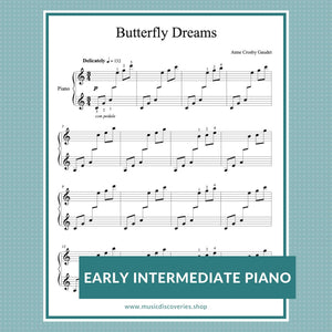 Butterfly Dreams, early intermediate piano solo by Anne Crosby Gaudet