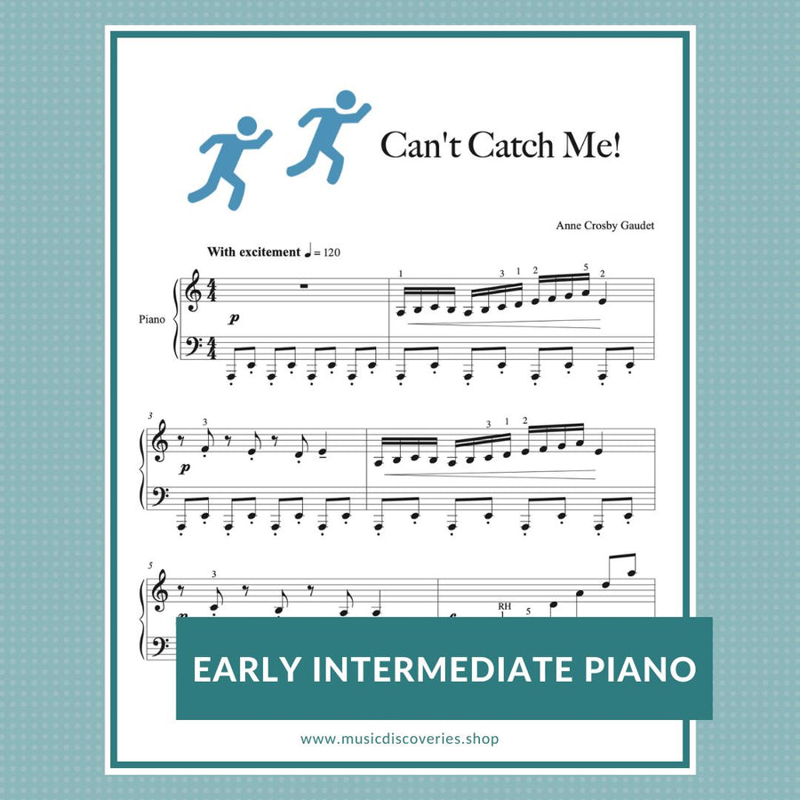 Can’t Catch Me is an early intermediate piano solo by Anne Crosby Gaudet