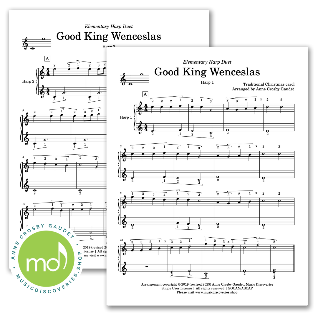 2 Harp Christmas Duets, Hark the Herald Angels Sing and Good King Wenceslas, arranged for elementary harp by Anne Crosby Gaudet