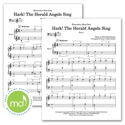 2 Harp Christmas Duets, Hark the Herald Angels Sing and Good King Wenceslas, arranged for elementary harp by Anne Crosby Gaudet