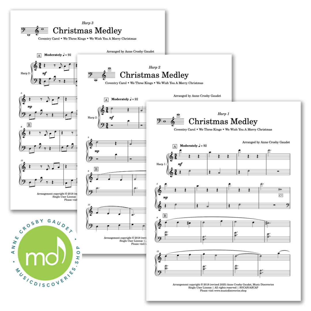 Christmas Medley Harp Trio, arrangement of Coventry Carol, We Three Kings and We Wish You a Merry Christmas by Anne Crosby Gaudet