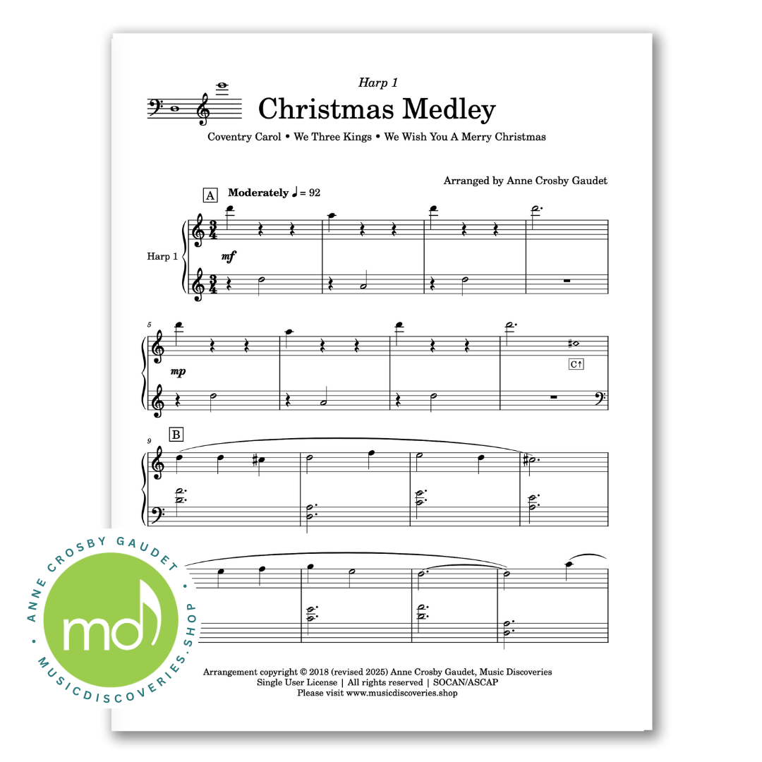 Christmas Medley Harp Trio, arrangement of Coventry Carol, We Three Kings and We Wish You a Merry Christmas by Anne Crosby Gaudet
