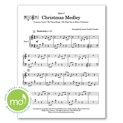 Christmas Medley Harp Trio, arrangement of Coventry Carol, We Three Kings and We Wish You a Merry Christmas by Anne Crosby Gaudet