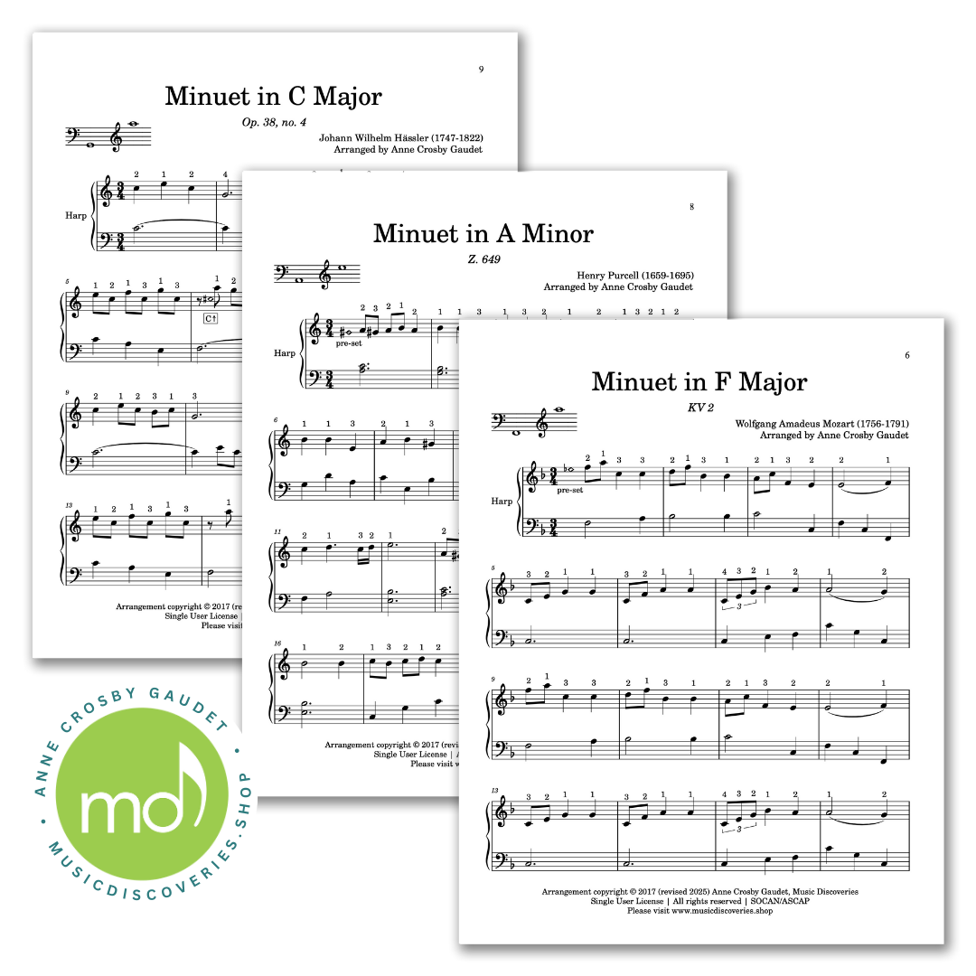 11 Classic Minuets, arranged for lever harp by Anne Crosby Gaudet