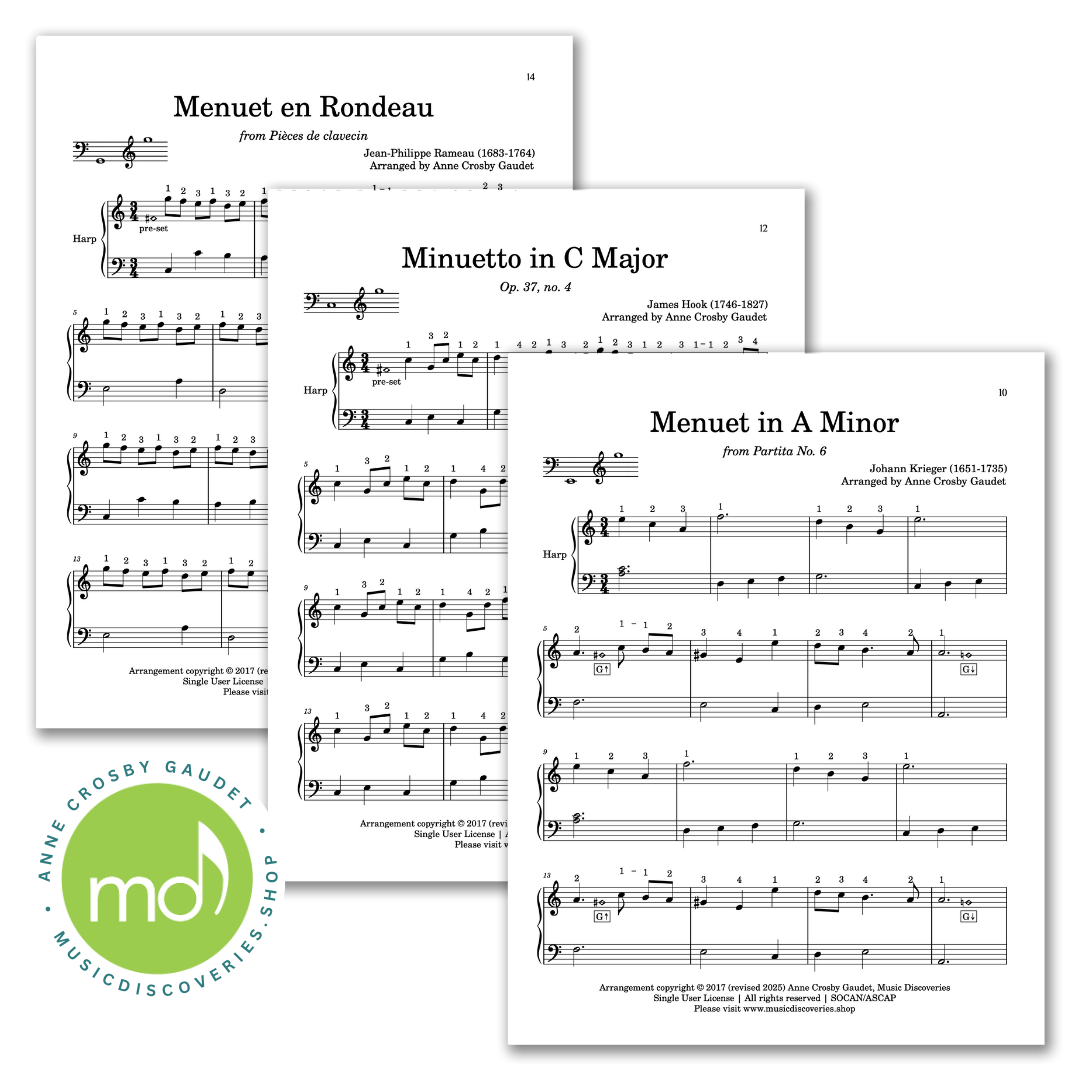 11 Classic Minuets, arranged for lever harp by Anne Crosby Gaudet