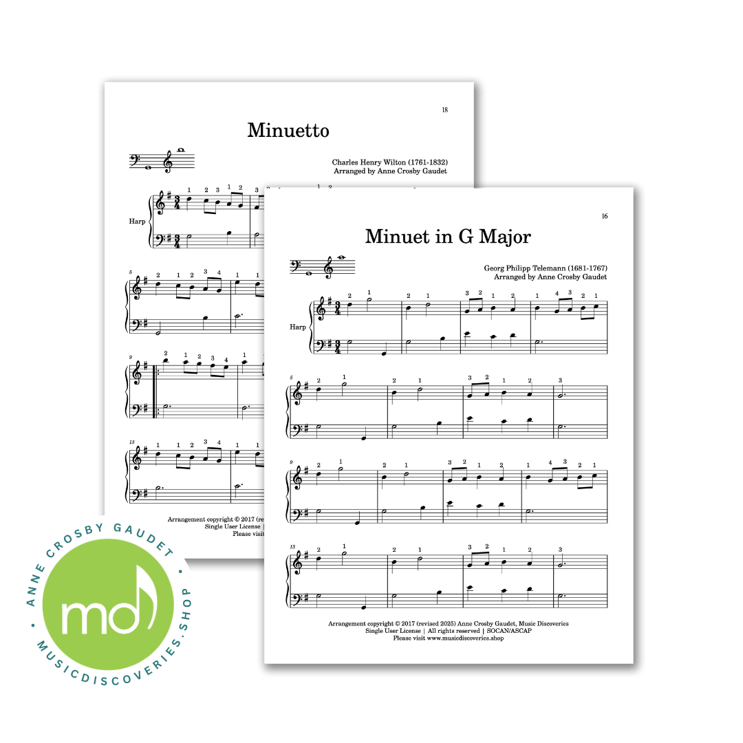 11 Classic Minuets, arranged for lever harp by Anne Crosby Gaudet