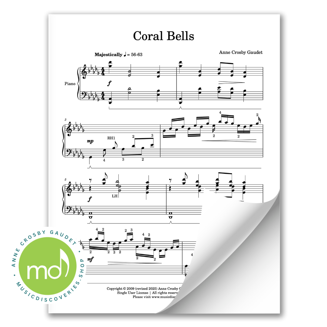 Sheet music for 'Coral Bells' by Anne Crosby Gaude with a visible logo in the corner.