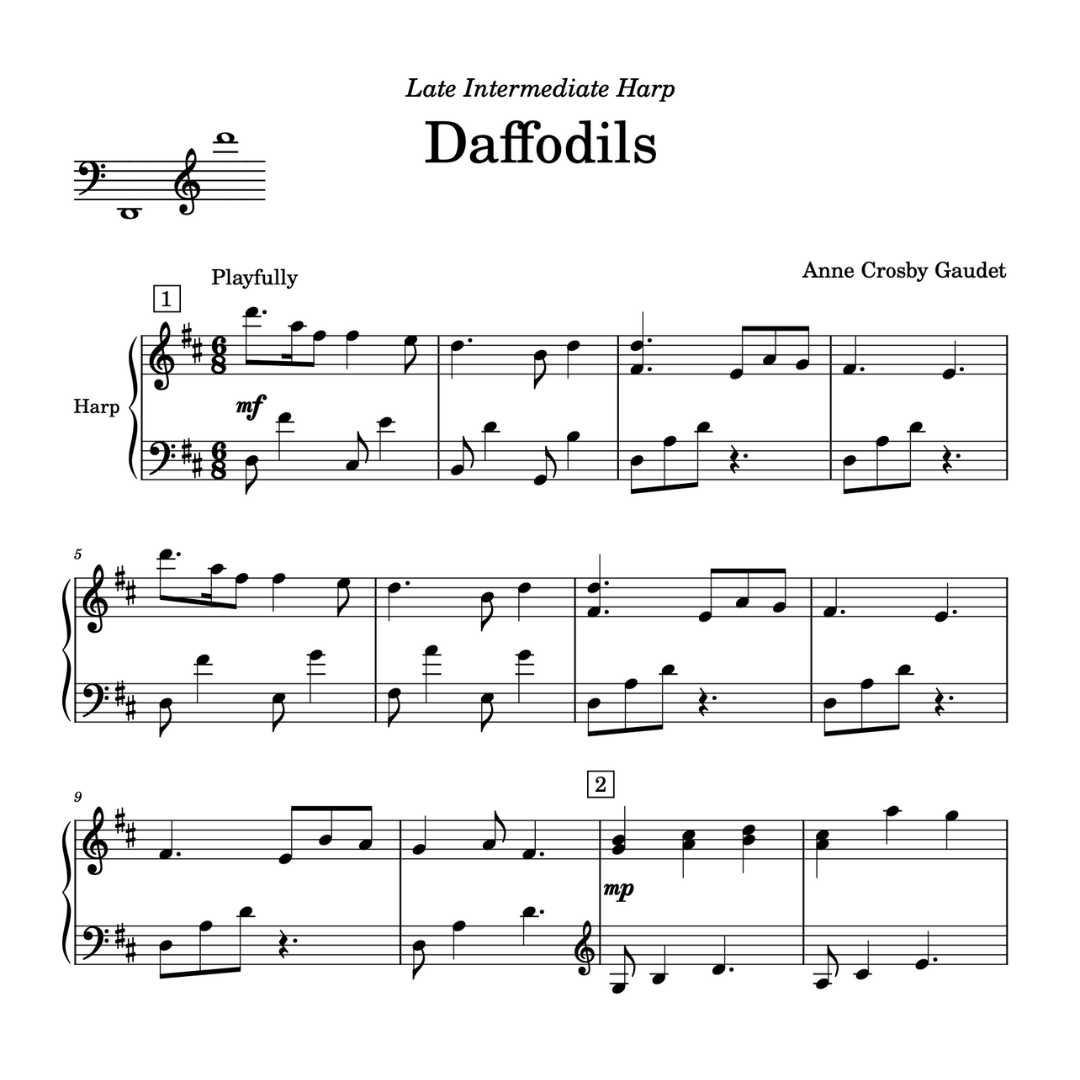 Daffodils, late intermediate harp sheet music by Anne Crosby Gaudet