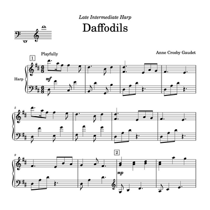 Daffodils, late intermediate harp sheet music by Anne Crosby Gaudet