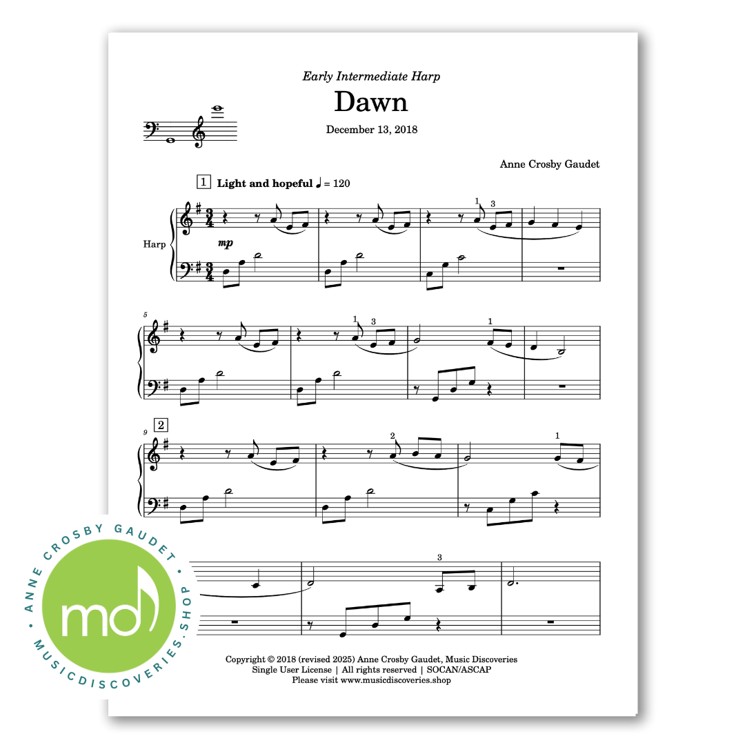 Dawn, early intermediate harp solo by Anne Crosby Gaudet