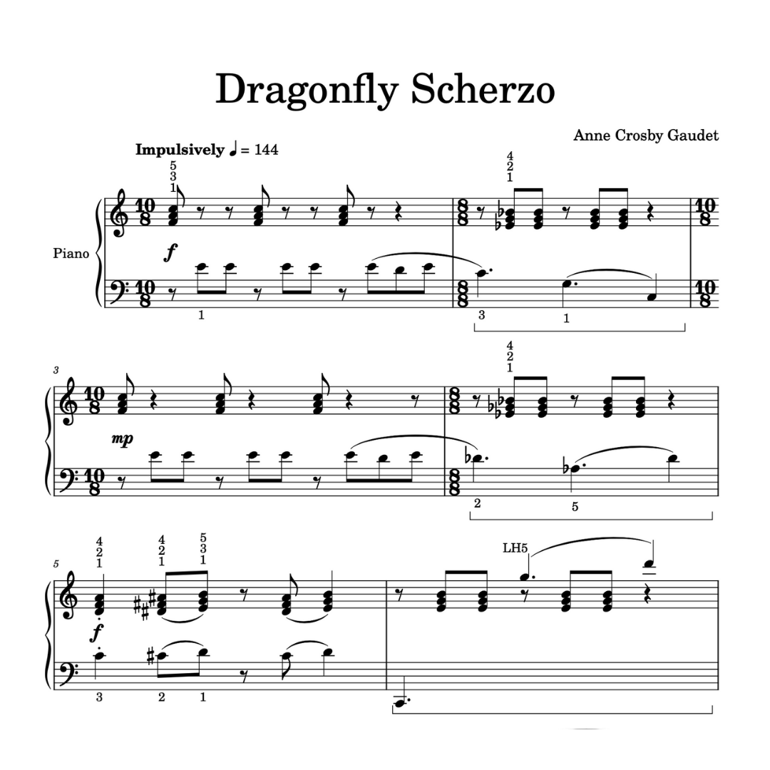 Dragonfly Scherzo, mid-intermediate piano sheet music by Anne Crosby Gaudet