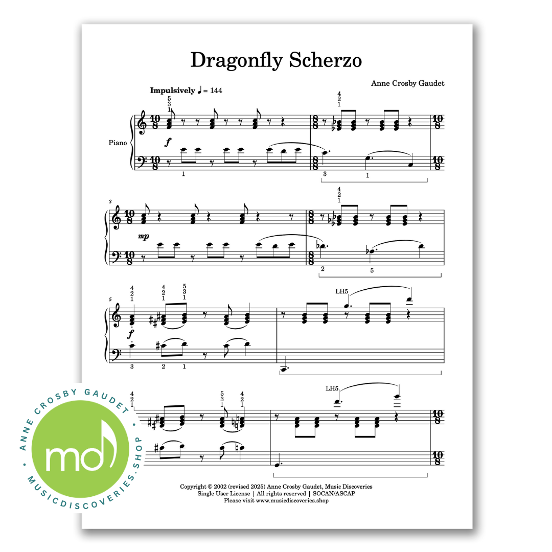 Dragonfly Scherzo, mid-intermediate piano sheet music by Anne Crosby Gaudet