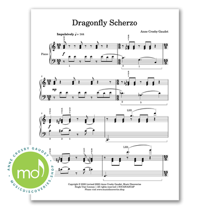 Dragonfly Scherzo, mid-intermediate piano sheet music by Anne Crosby Gaudet