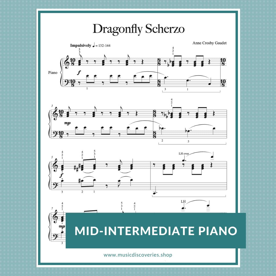 Dragonfly Scherzo, mid-intermediate piano sheet music by Anne Crosby Gaudet