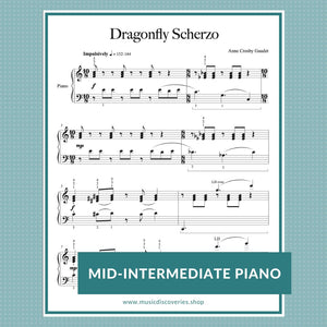 Dragonfly Scherzo, mid-intermediate piano sheet music by Anne Crosby Gaudet