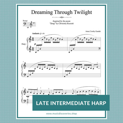 Dreaming Through Twilight, intermediate harp solo by Anne Crosby Gaudet