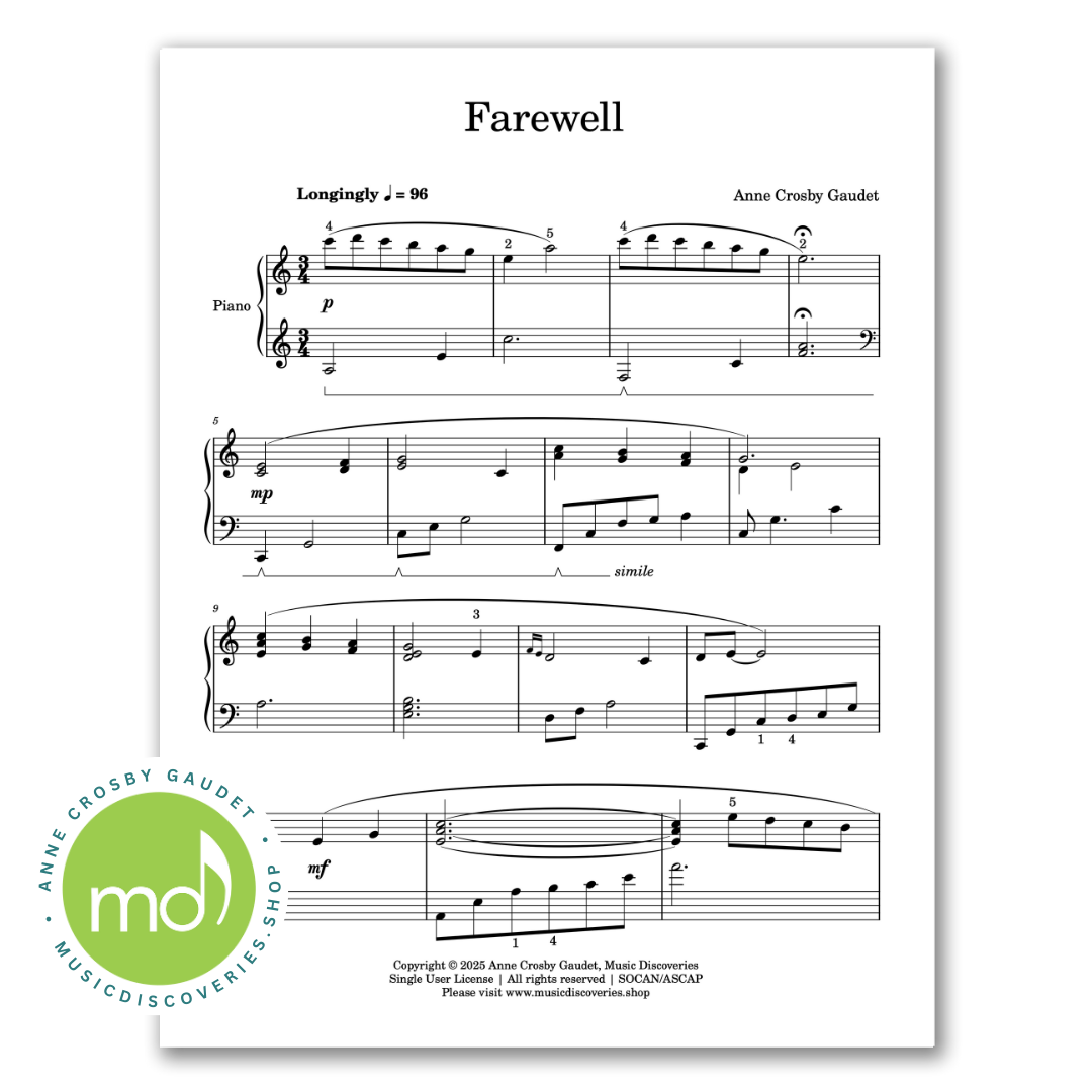 Piano sheet music for 'Farewell' by Anne Crosby Gaudet with a logo in the corner.