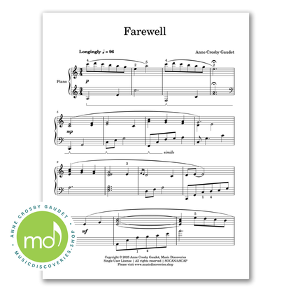 Piano sheet music for 'Farewell' by Anne Crosby Gaudet with a logo in the corner.